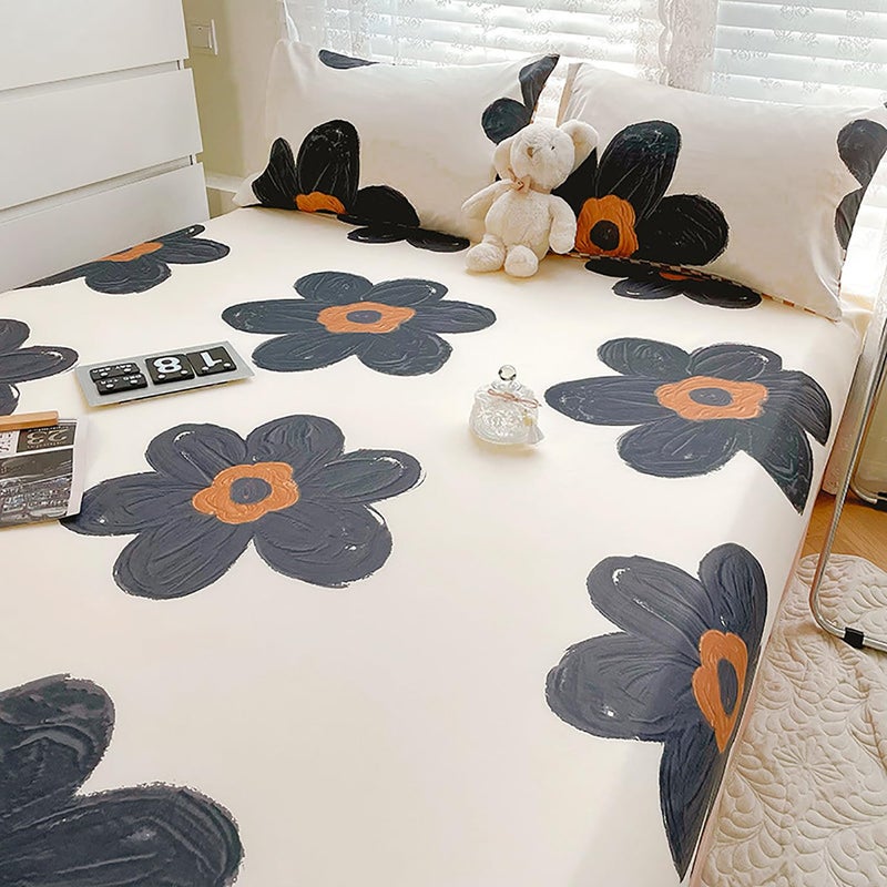 KAREVER Black Floral Bed Sheet Set White with Black Flower Print 4 Pieces Bedding Sheet Set 1 Fitted Sheet 1 Flat Sheet with 2 Pillowcases Plaid Queen Size - Image 3