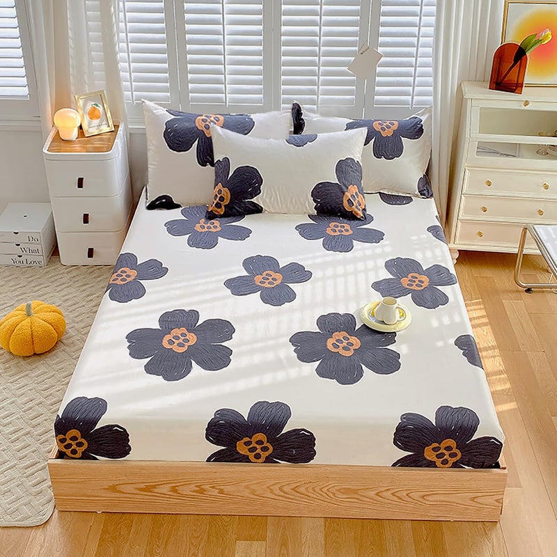 KAREVER Black Floral Bed Sheet Set White with Black Flower Print 4 Pieces Bedding Sheet Set 1 Fitted Sheet 1 Flat Sheet with 2 Pillowcases Plaid Queen Size - Image 4