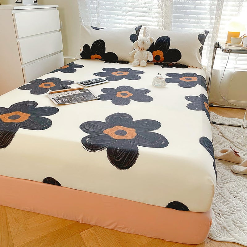 KAREVER Black Floral Bed Sheet Set White with Black Flower Print 4 Pieces Bedding Sheet Set 1 Fitted Sheet 1 Flat Sheet with 2 Pillowcases Plaid Queen Size - Image 2