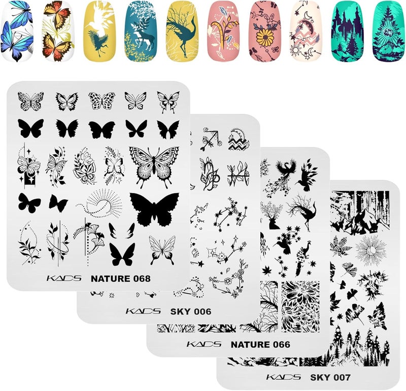 KADS 4Pcs Nail Stamping Plate Nail Stamp Template Butterfly Peacock Constellation Flower Leaf