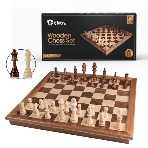 Chess Armory Wooden Chess Set 17Inch Large Chess Board with Felted Storage Box Extra Queens Handcrafted Staunton Pieces - Image 1