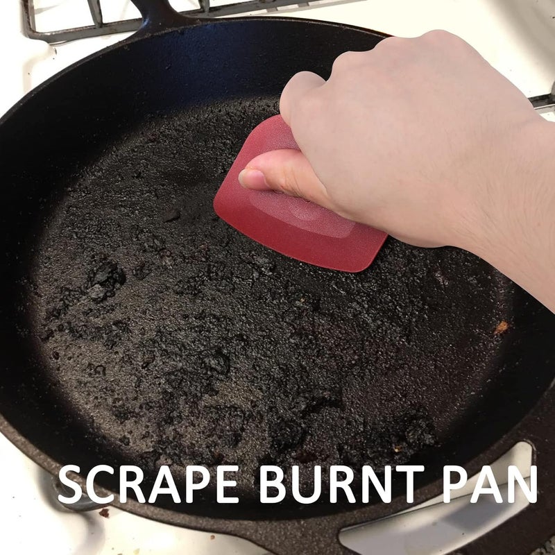 Azureblue Pan Scraper Dish Scraper Food Scraper Tool Plastic Pot Scraper Kitchen Scraper Grease Scraper Cast Iron Skillet Pan Scraper Tool for Cleaning (3 Pcs, Red) - Image 2