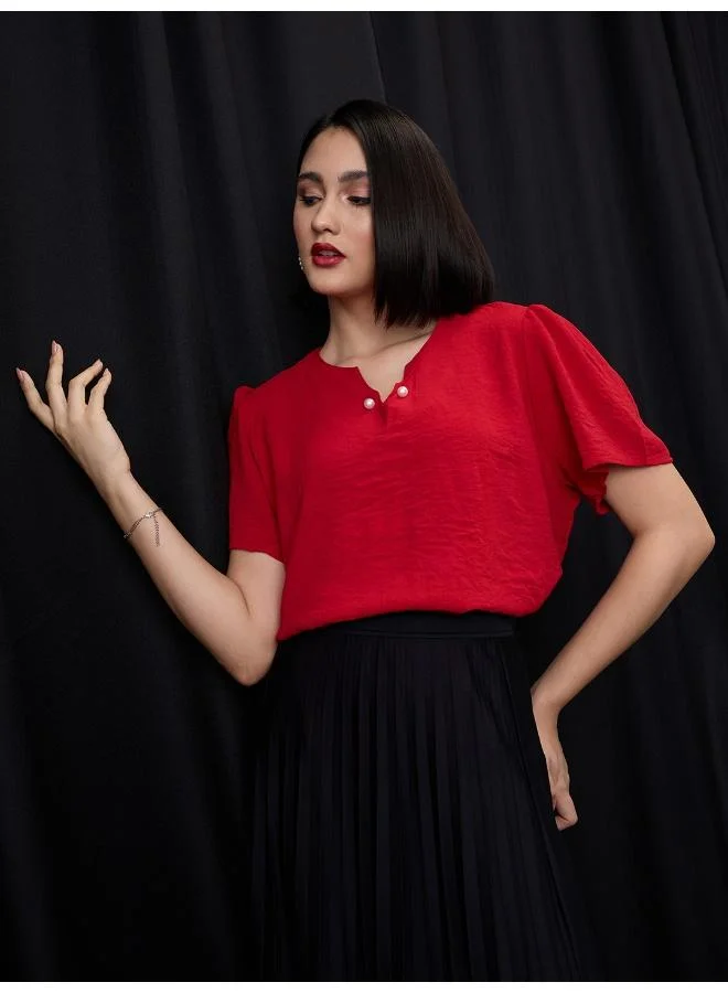 globus Globus Women Red V-Neck Puff Sleeves Solid Pearl Detail Top
