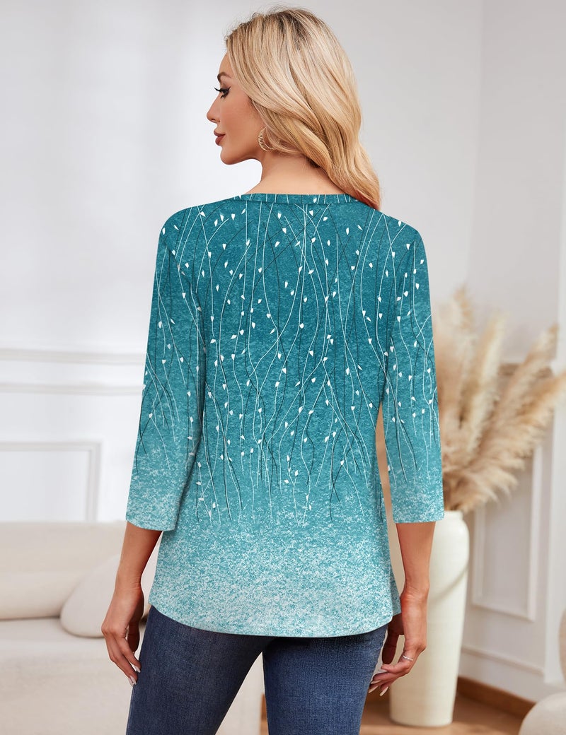 LOMON Women Blouses 3/4 Length Sleeve Tunic Round Neck Business Casual Summer Tees Shirts Trendy 2026(Blue Leaf Print,L) - Image 5