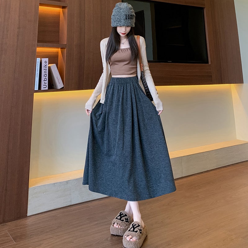 H560 Gray Mochi Skirt for Women, Spring and Autumn High-Waisted Slimming A-Line Midi Skirt, Preppy Style Knitted Half Skirt - Image 1