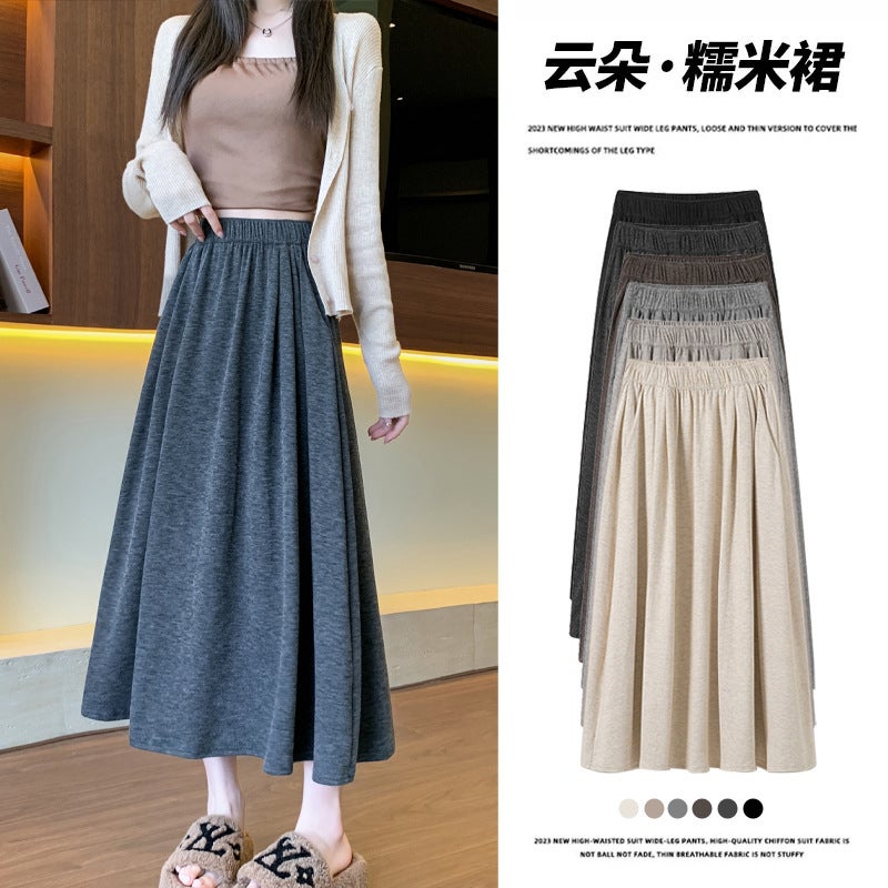 H560 Gray Mochi Skirt for Women, Spring and Autumn High-Waisted Slimming A-Line Midi Skirt, Preppy Style Knitted Half Skirt - Image 2