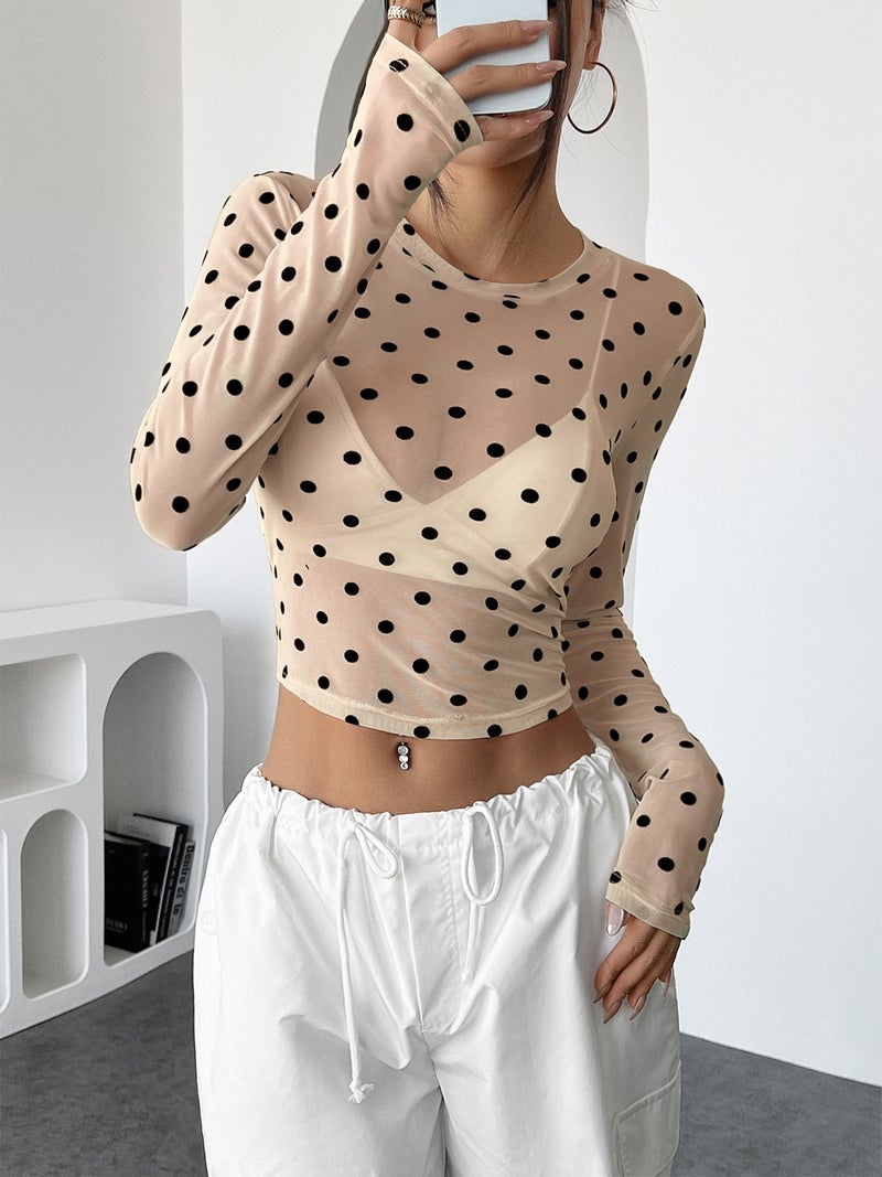 Sheer Polka Dot Mesh Slim Fit Long Sleeve T-Shirt - Image 5