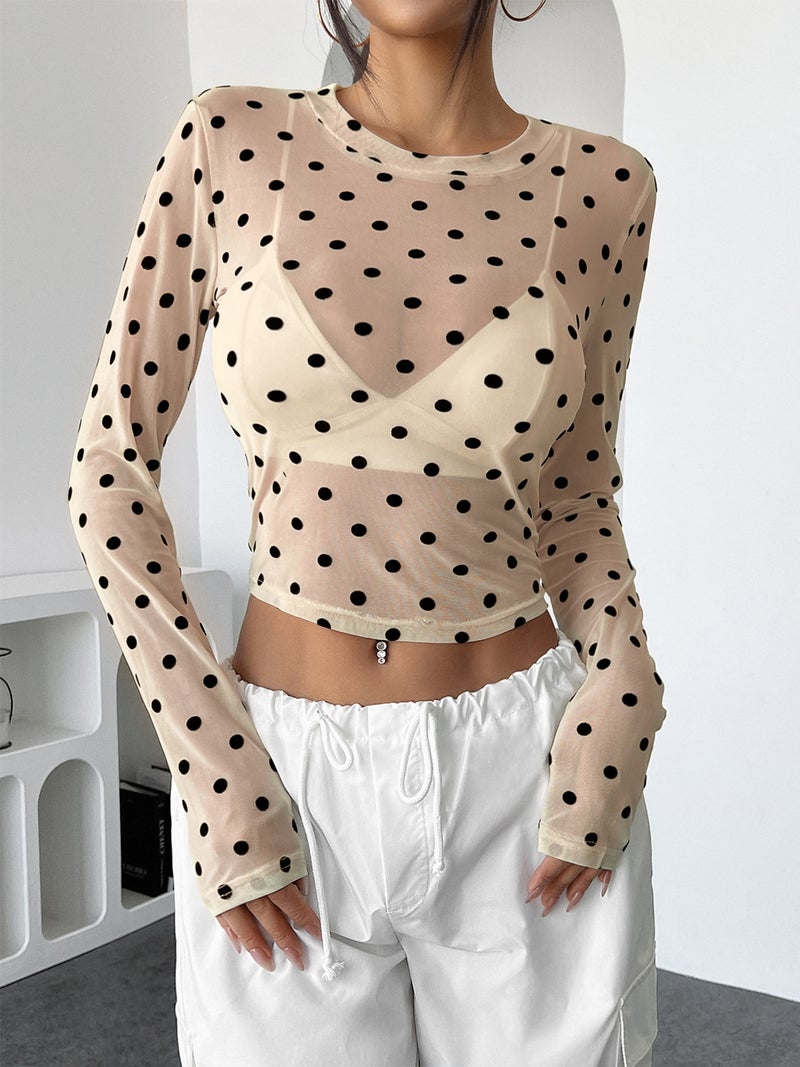 Sheer Polka Dot Mesh Slim Fit Long Sleeve T-Shirt - Image 3