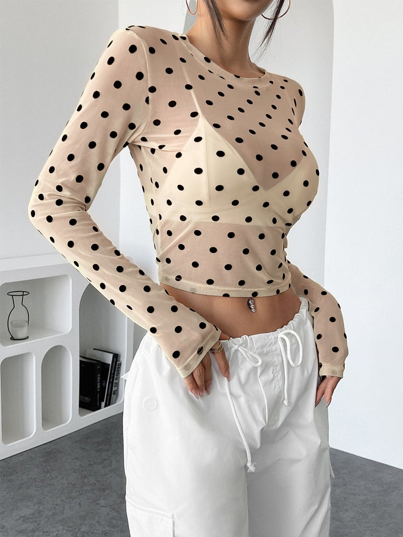 Sheer Polka Dot Mesh Slim Fit Long Sleeve T-Shirt - Image 4