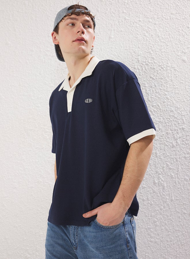 trendyol Navy Blue Embroidery Detailed Oversize Polo Neck TShirt - Image 1