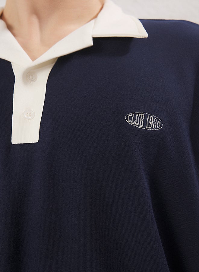 trendyol Navy Blue Embroidery Detailed Oversize Polo Neck TShirt - Image 4