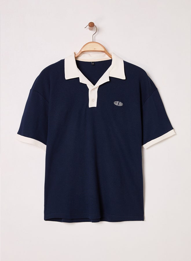 trendyol Navy Blue Embroidery Detailed Oversize Polo Neck TShirt - Image 5