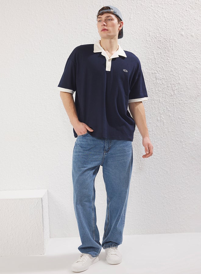 trendyol Navy Blue Embroidery Detailed Oversize Polo Neck TShirt - Image 2
