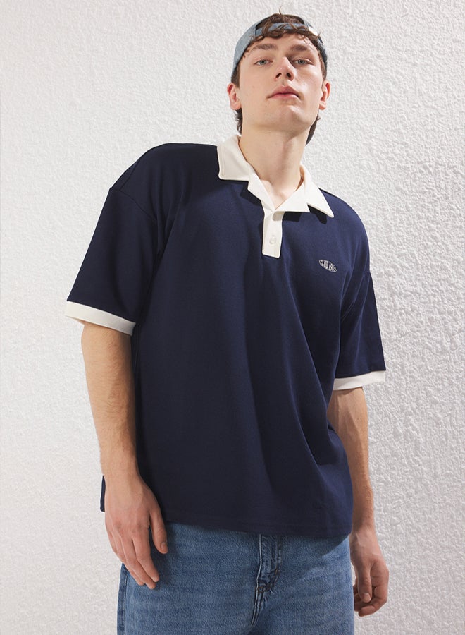 trendyol Navy Blue Embroidery Detailed Oversize Polo Neck TShirt - Image 3