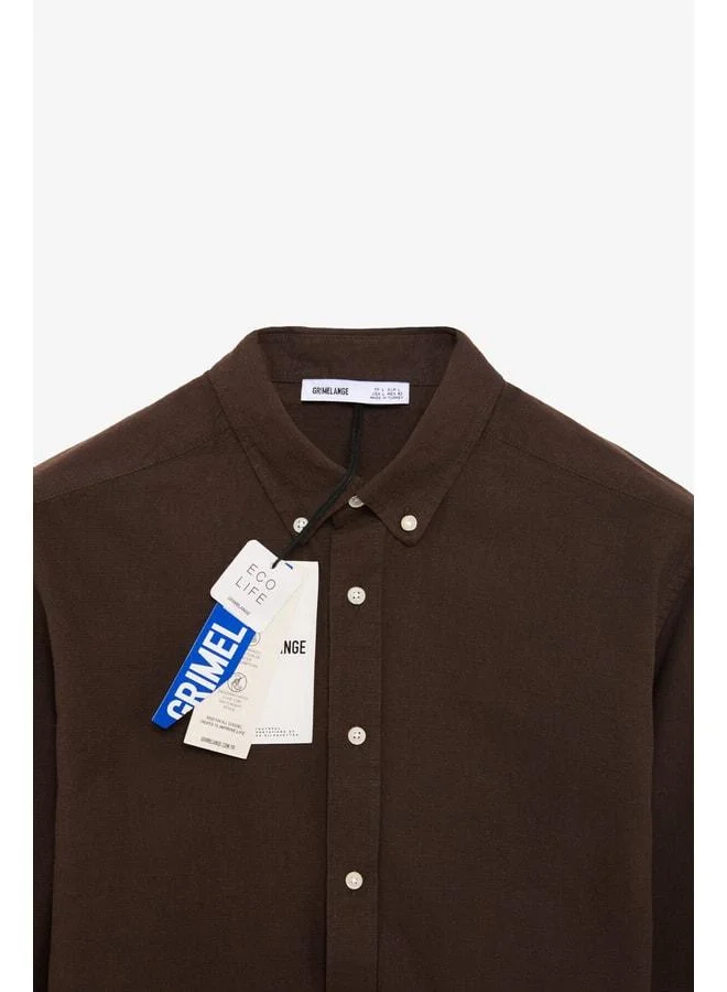 Grimelange Perttu Men's 100% Cotton Slim Fit Narrow Cut Button Collar Linen-Look Flannel Dark Coffee Shirt.