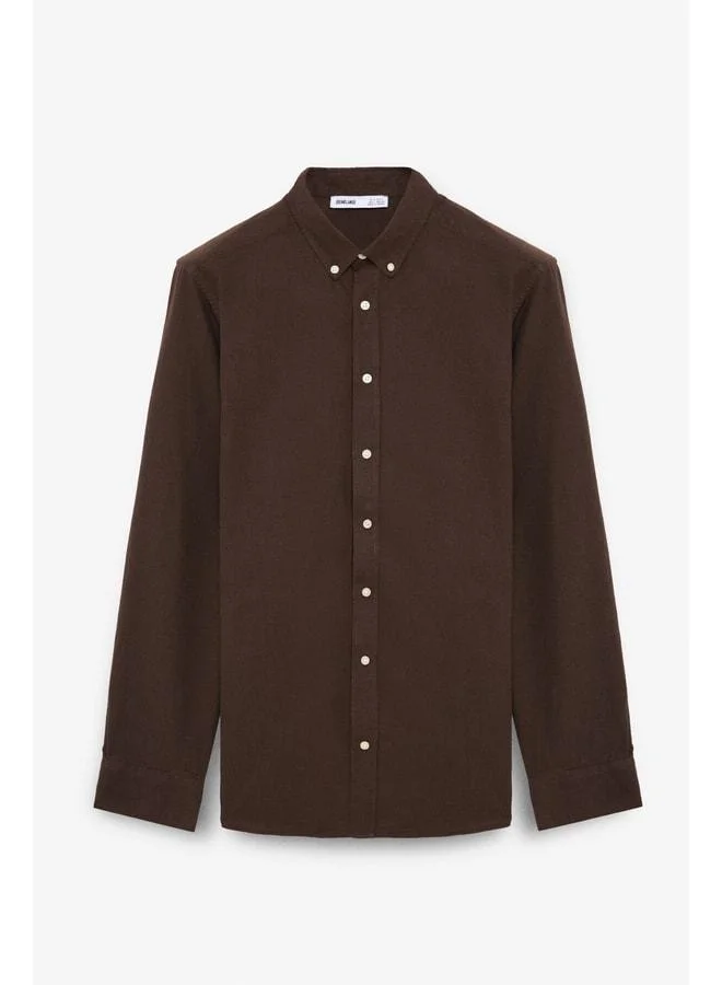 Grimelange Perttu Men's 100% Cotton Slim Fit Narrow Cut Button Collar Linen-Look Flannel Dark Coffee Shirt.