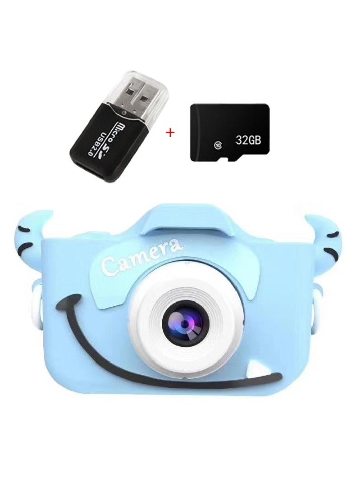 AROAQ Children's Camera Toy, HD 1080p Shockproof Children Video Camera, Anti-fall Portable Camera Toy, Multiple Functions Digital Camera,(Cute Cow Set Blue Dual Lens + 32G Capacity Card + Card Reader) - Image 1