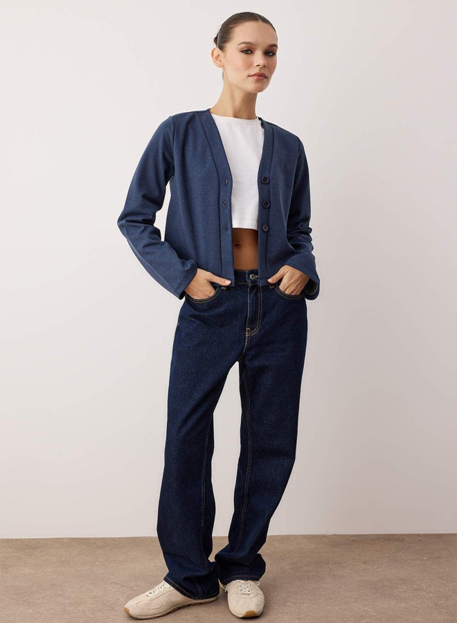 trendyol Navy Blue Regular/Normal Fit Flexible Knitted Jacket - Image 4