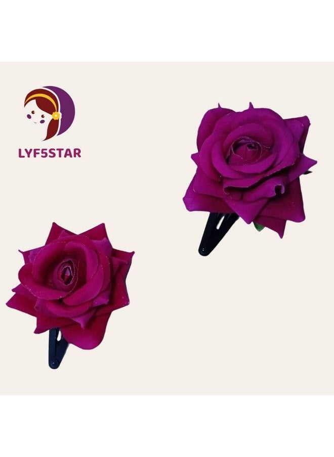 LYF5STAR - Dark Pink Handmade Artificial Rose Flower Bride Tiktok Hairpin For Girls And Women Rose Hair Clip Flower Hairpin Stylist Wedding Hairpin Pack Of 2 - Image 1
