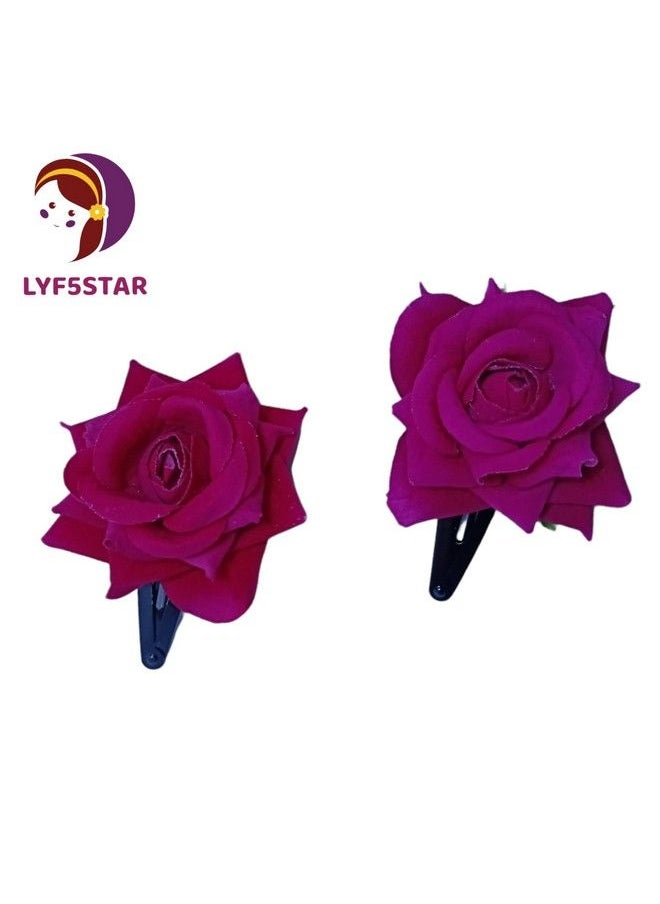 LYF5STAR - Dark Pink Handmade Artificial Rose Flower Bride Tiktok Hairpin For Girls And Women Rose Hair Clip Flower Hairpin Stylist Wedding Hairpin Pack Of 2 - Image 1