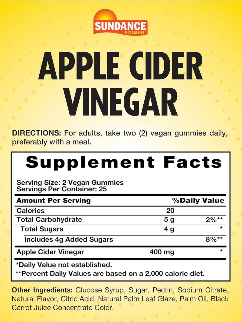 Sundance Apple Cider Vinegar Gummies  50 Count  Apple Flavor  Vegan NonGMO and Gluten Free Supplement - Image 2