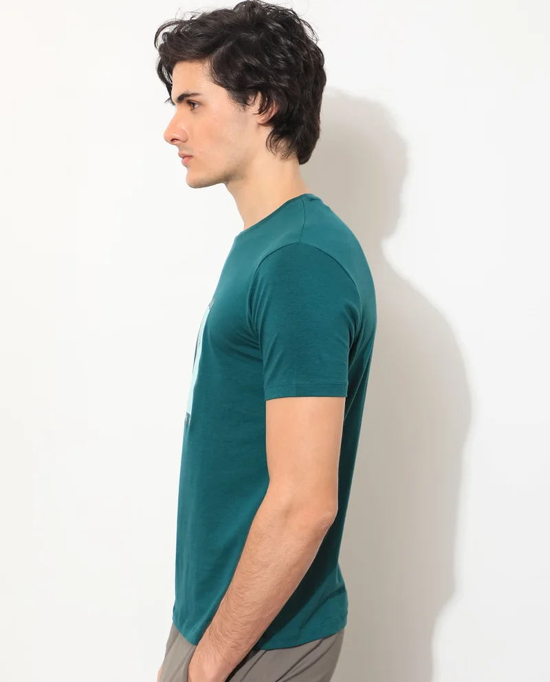 Rare Rabbit Rare Rabbit Men's Princeton Green Crew Neck Graphic Logo Printed Half Sleeves Slim Fit T-Shirt