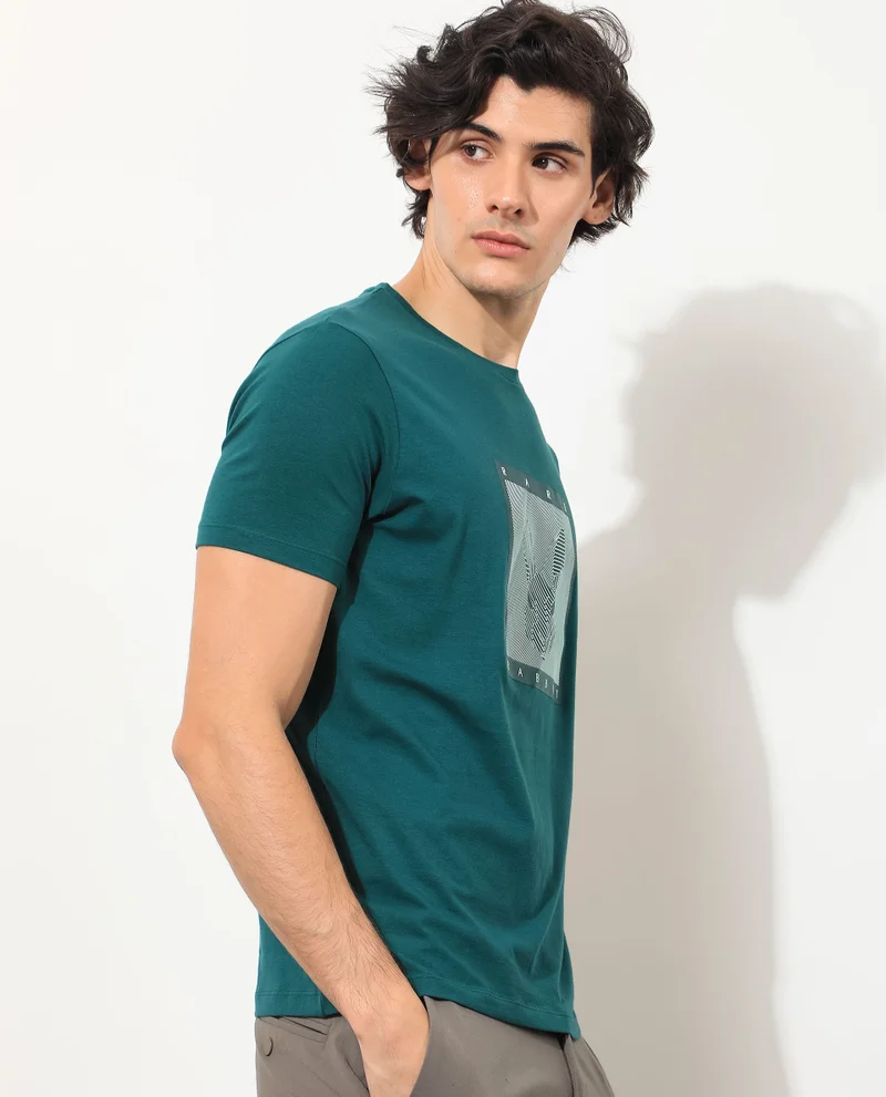 Rare Rabbit Rare Rabbit Men's Princeton Green Crew Neck Graphic Logo Printed Half Sleeves Slim Fit T-Shirt