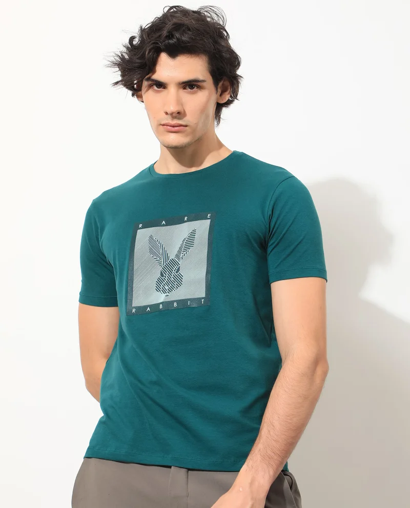Rare Rabbit Rare Rabbit Men's Princeton Green Crew Neck Graphic Logo Printed Half Sleeves Slim Fit T-Shirt