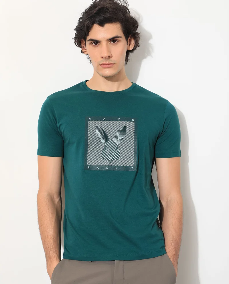 Rare Rabbit Rare Rabbit Men's Princeton Green Crew Neck Graphic Logo Printed Half Sleeves Slim Fit T-Shirt