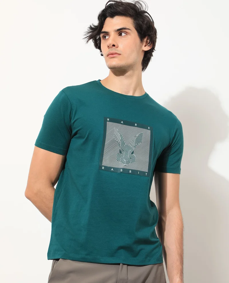Rare Rabbit Rare Rabbit Men's Princeton Green Crew Neck Graphic Logo Printed Half Sleeves Slim Fit T-Shirt
