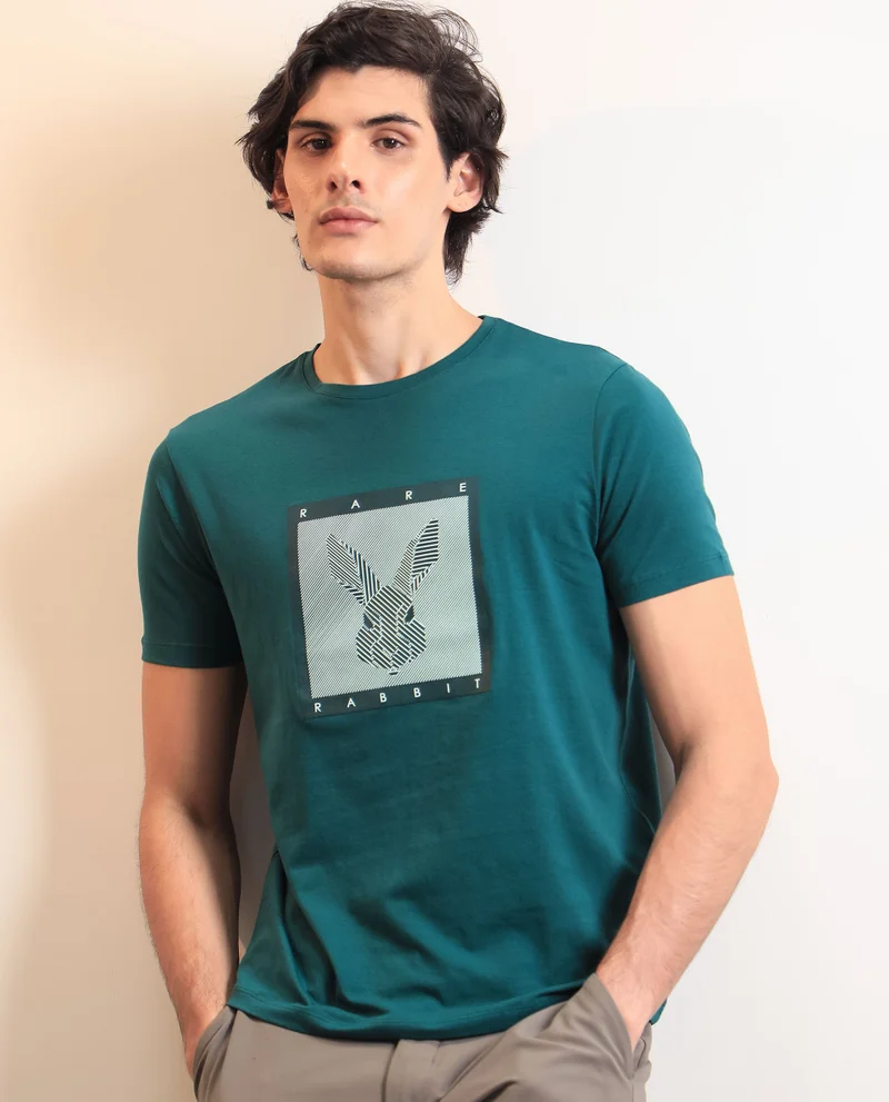 Rare Rabbit Rare Rabbit Men's Princeton Green Crew Neck Graphic Logo Printed Half Sleeves Slim Fit T-Shirt