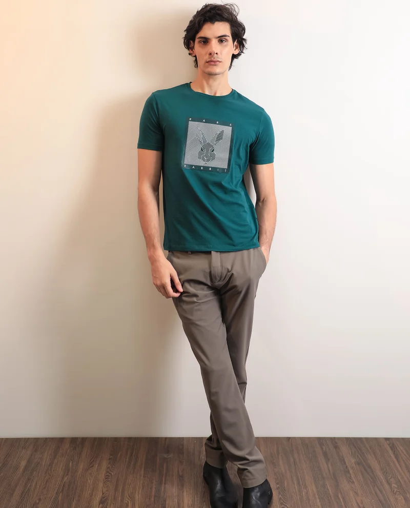 Rare Rabbit Rare Rabbit Men's Princeton Green Crew Neck Graphic Logo Printed Half Sleeves Slim Fit T-Shirt