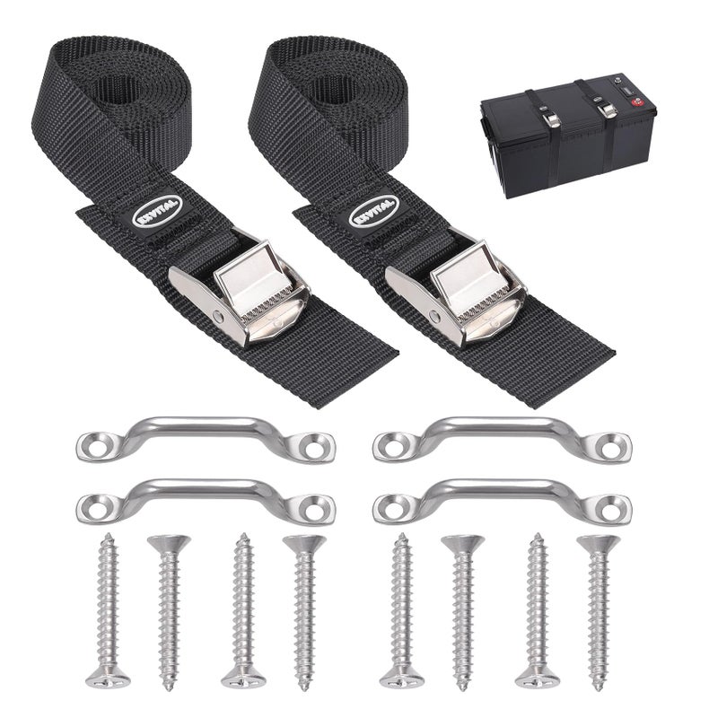 Battery Tie Down Strap Hold Down Kit, 1 x 48 Cooler Tie Down Kit with Non-Rusting Cam Buckle, Stainless Steel Bracket u0026 SS Screws for RV Battery,Luggage Belt (2 Pack) - Image 1