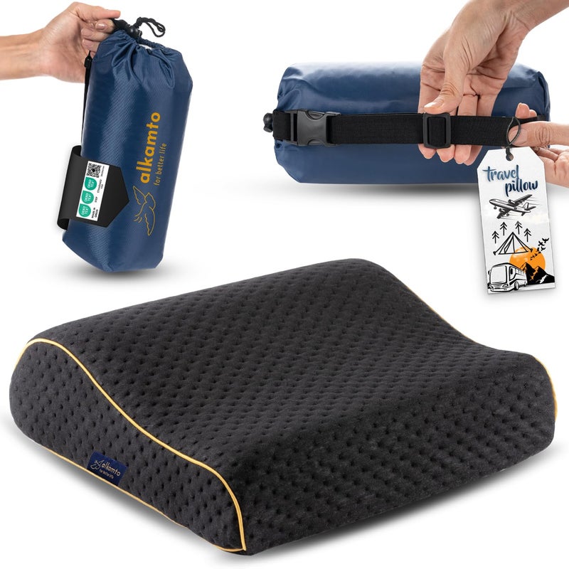 alkamto Travel Camping Comfortable Memory Foam Pillow Easy to Carry Portable Bag Temperature Regulating Pillow Case Black Contour