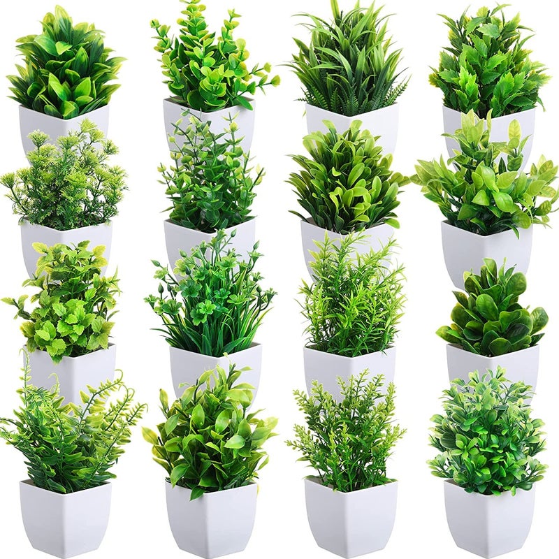 WYTE ORIGIN Small Fake Plants in White Planters, Artificial Plants for Home Decor Indoor, Plastic Eucalyptus Plants for Office Desk Bathroom Bedroom Greenery Decoration (4) - Image 1