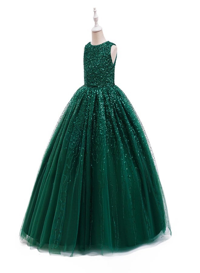DPKM Flower Girls Sequin Dress Bridesmaid Sparkle Formal Wedding Party Birthday Kids Pageant Princess Prom Ball Gown, Emerald Green, 9-10 Years - Image 3