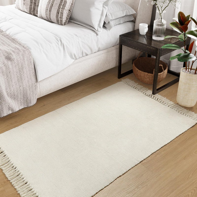 Collive سجادة منطقة قابلة للغسل 3 '× 5' المطبخ المنسوجة الحديثة سجاد أبيض/بيج مضفر سجادة قطنية داخلية. - Image 5