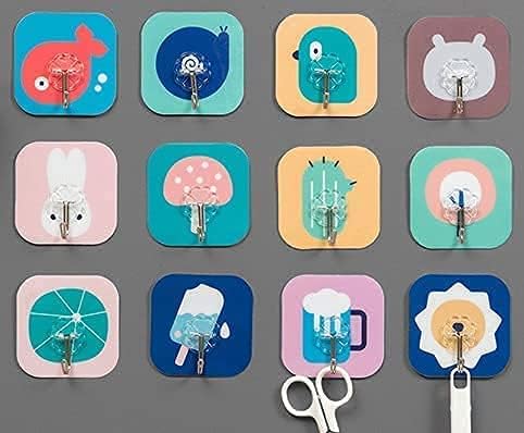 Dareesa 12 Pcs Fancy Self Adhesive Plastic Wall Hooks Sticker Heavy Duty Hooks for Hanging 3KG Max Keys Coats Hats Bags Ceiling Kitchen AccessoriesRandom Design Color 75x85 cm - Image 2