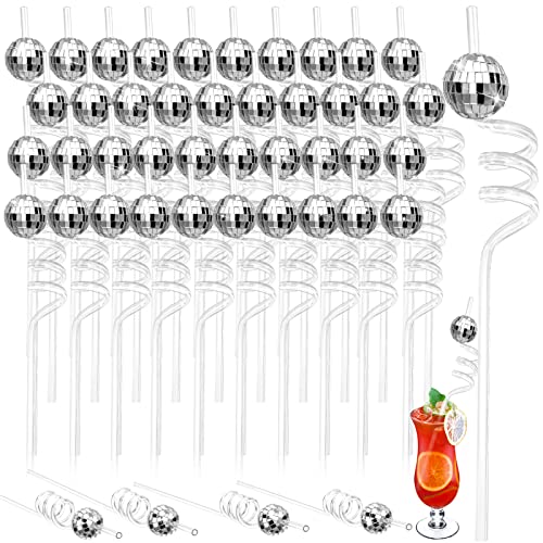 Chengu 40 Pieces 70s Disco Ball Straws Glitter Mirror Silver Ball Straws 70s Wedding Birthday Party Decorations Disco Supplies for 1970s Fever Retro Dance Holiday Wedding Bachelorette Party Decor - Image 1