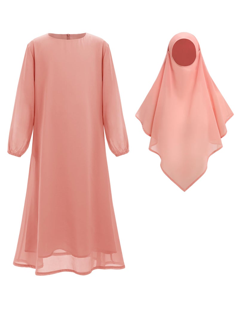 IKADEX Muslim Dress for Girls Islamic Prayer Abaya Long Sleeve Solid Color Chiffon Kaftan Robe Dresses with Hijab and Pocket Pink 34y - Image 2