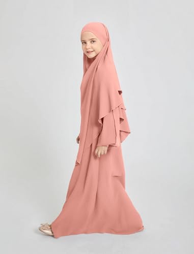 IKADEX Muslim Dress for Girls Islamic Prayer Abaya Long Sleeve Solid Color Chiffon Kaftan Robe Dresses with Hijab and Pocket Pink 34y - Image 3
