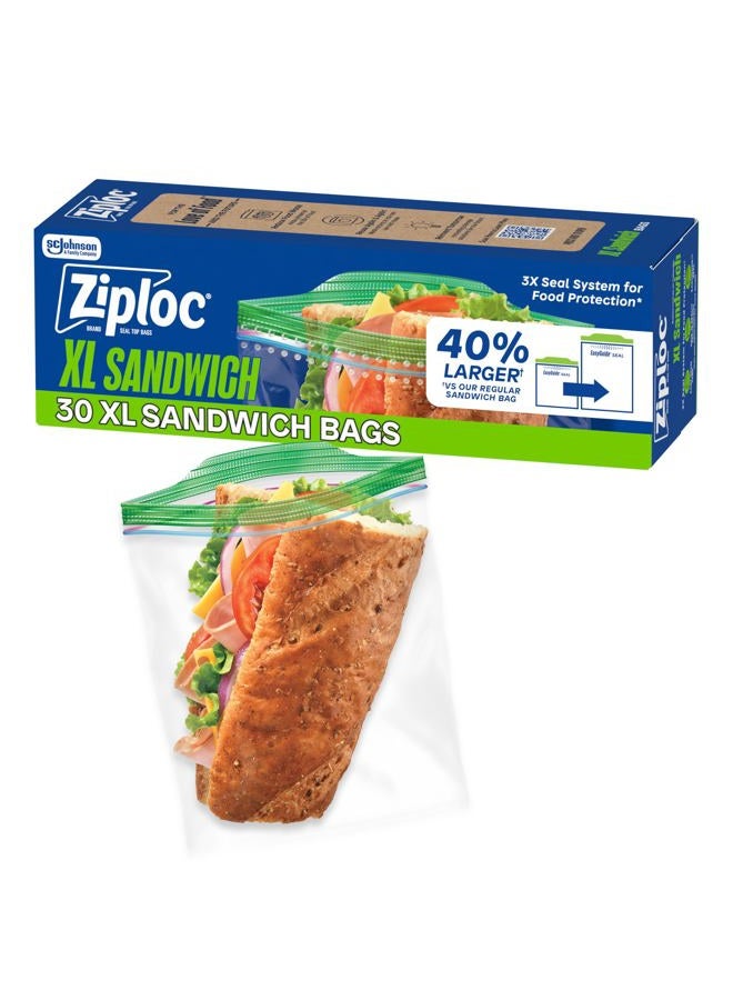 Ziploc أكياس ساندويتش ووجبات خفيفة XL مع نسيج EasyGuide، أكياس تخزين بلاستيكية بتقنية Grip 'n Seal، 30 كيس إجمالي - Image 1