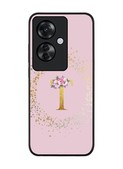 Stylizedd Rugged Black edge case for Oppo Reno11 F / Oppo F25 Pro 5G, Slim fit Soft Cover - Custom Monogram Initial Letter Floral Pattern Alphabet - T (Pink)  - Image 1