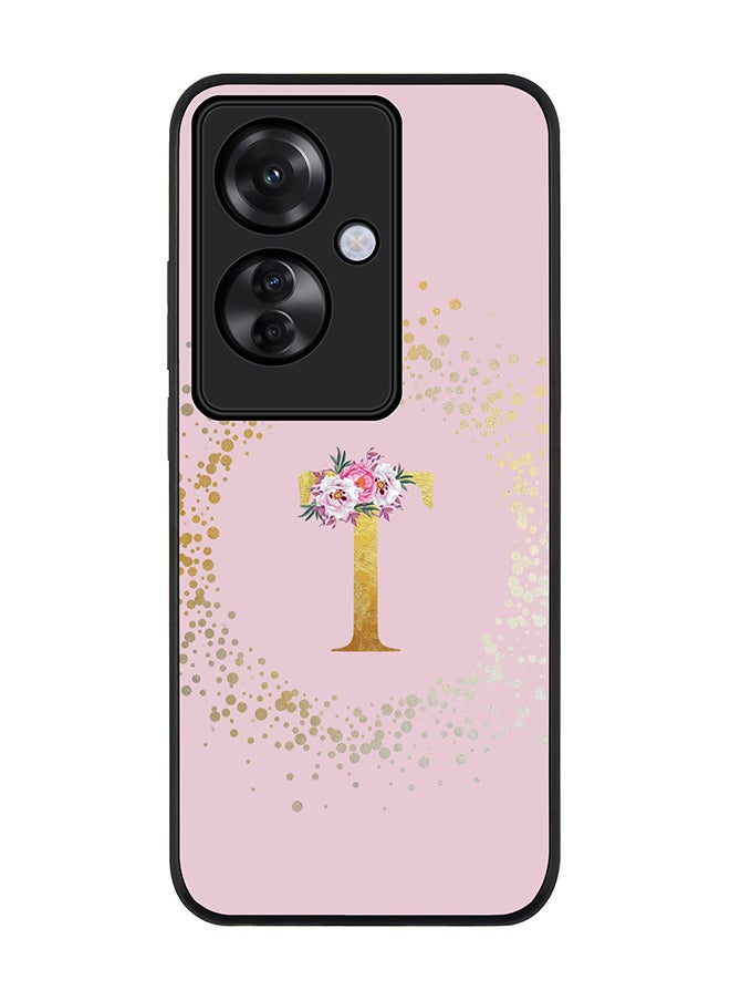Stylizedd - Rugged Black edge case for Oppo Reno11 F / Oppo F25 Pro 5G, Slim fit Soft Cover - Custom Monogram Initial Letter Floral Pattern Alphabet - T (Pink) - Image 1