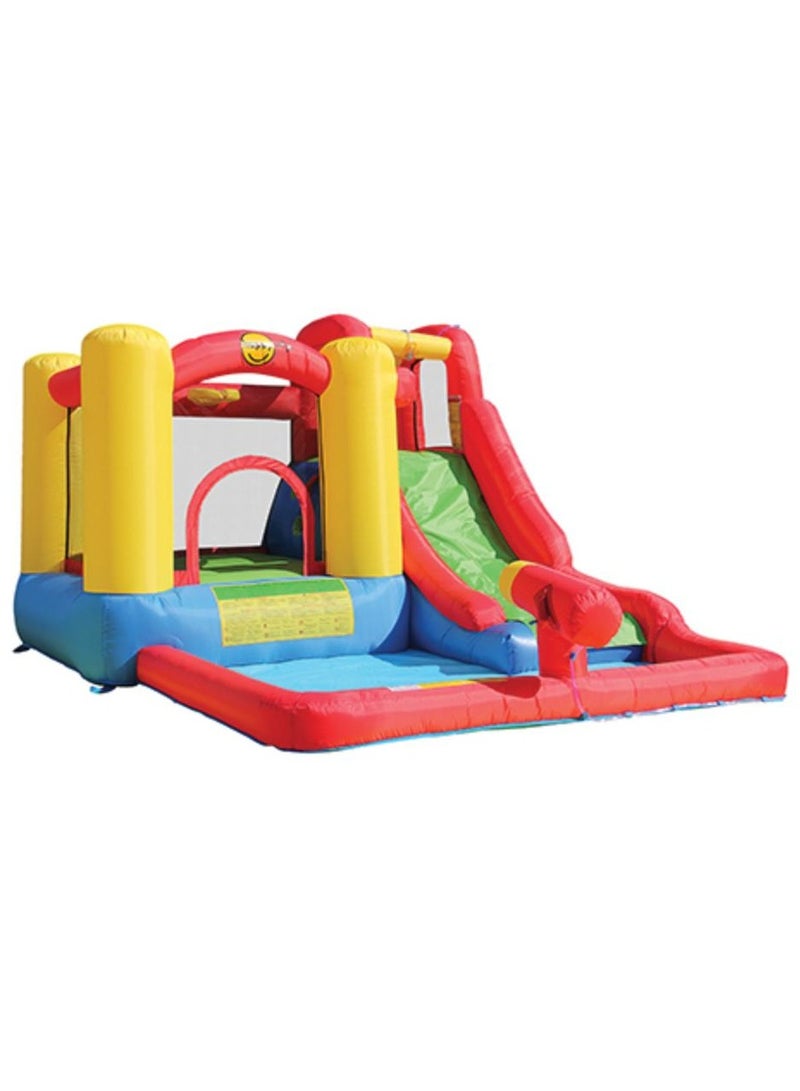 Happy Hop قفز وسعادة مع منزلق مائي، جدار تسلق ومدفع مائي 350x280x190 سم | قافز قابل للنفخ | حديقة مائية قابلة للنفخ | قلعة قفز للعب في الهواء الطلق | مغامرة اللعب بالماء | مناسبة للأعمار من 3 سنوات وما فوق - Image 1