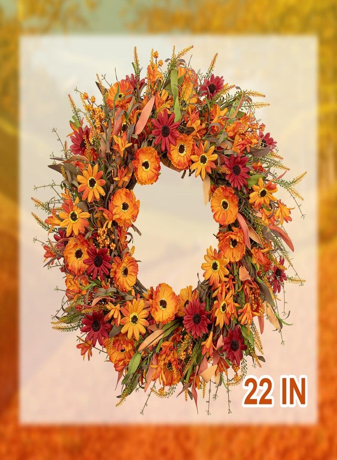 J'FLORU Artificial Fall Wreath 22 Inch Autumn Wreaths for Front Door Orange Daisy Wreath with Wildflowers Berries for Indoor Outdoor Wall Farmhouse Thanksgiving Day Harvest Festival Celebration - Image 5