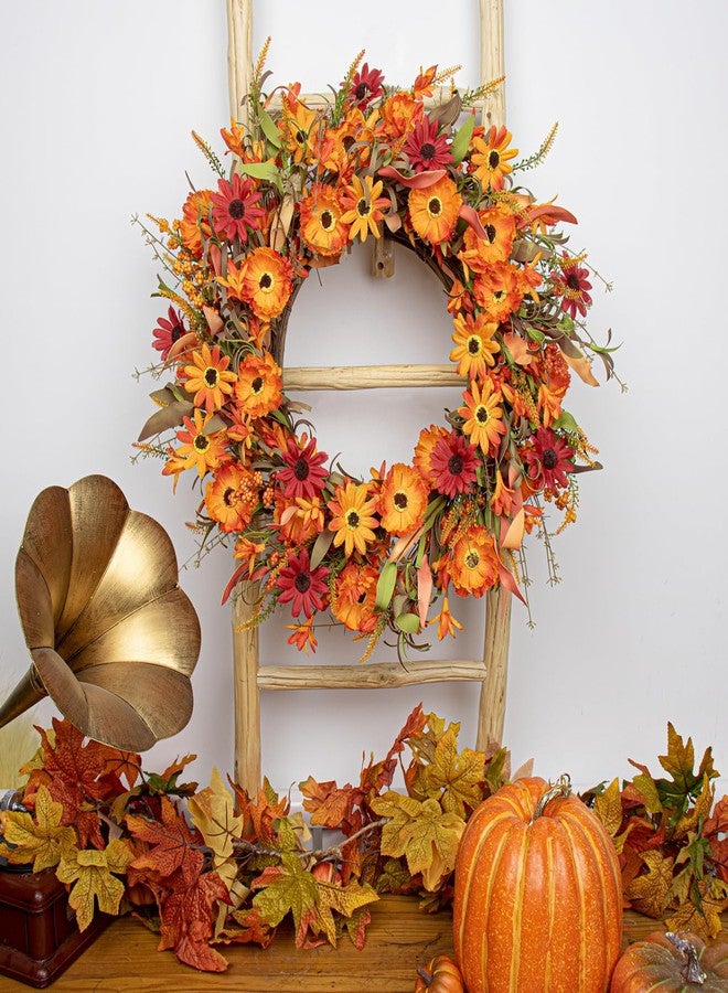 J'FLORU Artificial Fall Wreath 22 Inch Autumn Wreaths for Front Door Orange Daisy Wreath with Wildflowers Berries for Indoor Outdoor Wall Farmhouse Thanksgiving Day Harvest Festival Celebration - Image 2