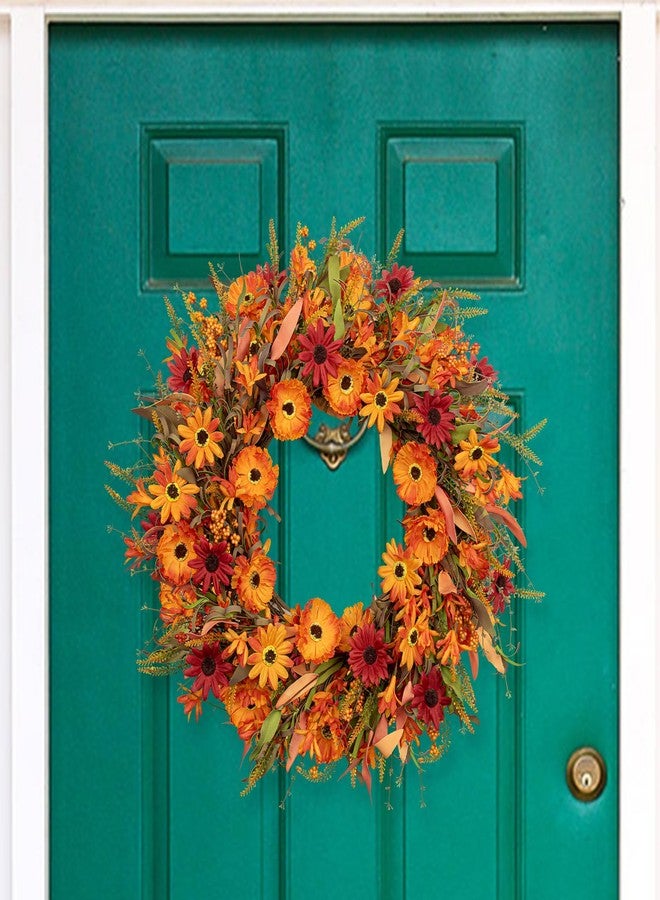 J'FLORU Artificial Fall Wreath 22 Inch Autumn Wreaths for Front Door Orange Daisy Wreath with Wildflowers Berries for Indoor Outdoor Wall Farmhouse Thanksgiving Day Harvest Festival Celebration - Image 3