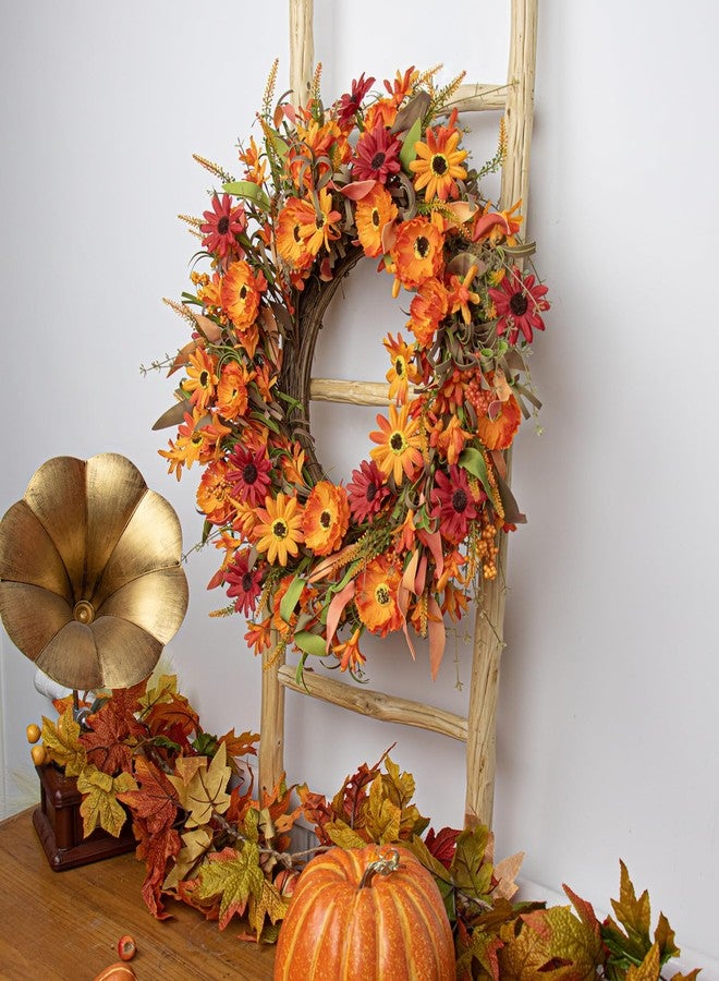 J'FLORU Artificial Fall Wreath 22 Inch Autumn Wreaths for Front Door Orange Daisy Wreath with Wildflowers Berries for Indoor Outdoor Wall Farmhouse Thanksgiving Day Harvest Festival Celebration - Image 4