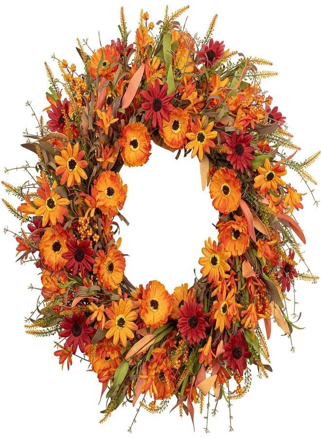 J'FLORU Artificial Fall Wreath 22 Inch Autumn Wreaths for Front Door Orange Daisy Wreath with Wildflowers Berries for Indoor Outdoor Wall Farmhouse Thanksgiving Day Harvest Festival Celebration - Image 1